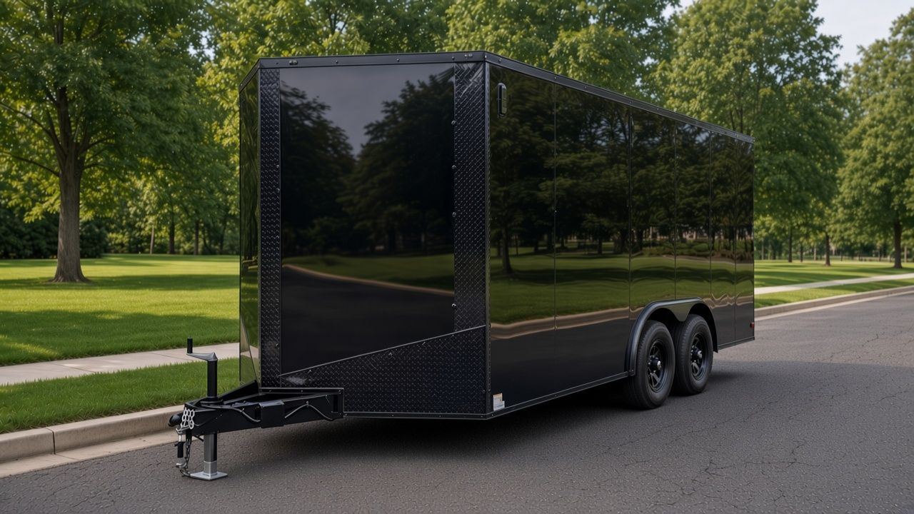 VAU1T3D V-16, an all-black 8.5×16 V-nose enclosed cargo trailer with blackout package and diamond-plate front
